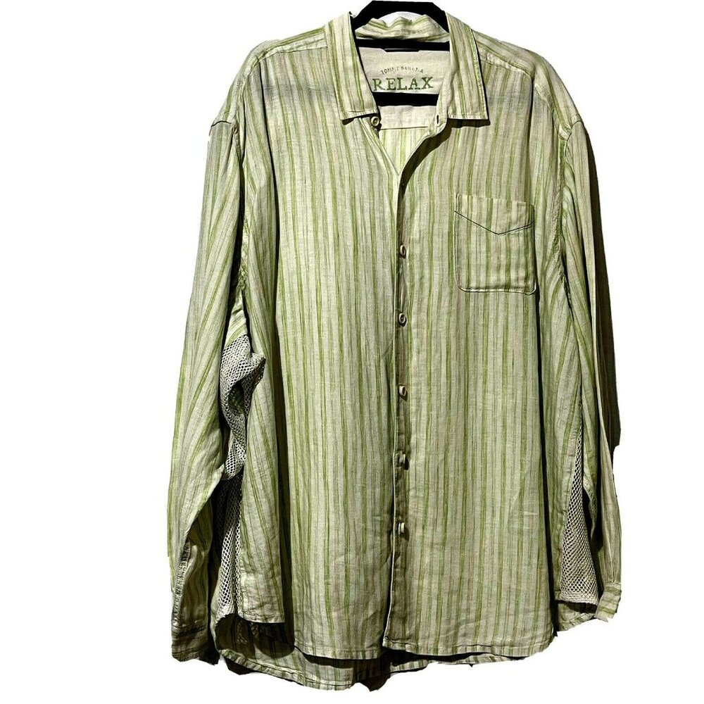 Tommy Bahama Relax Mens Size XXL Chartreuse Striped Linen Shirt